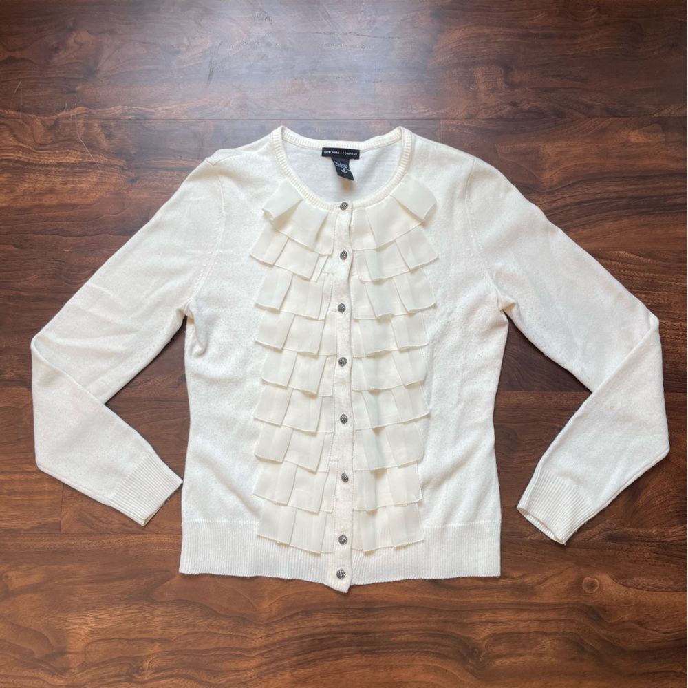 New York & Company Cream Cardigan with Ruffle Detail
